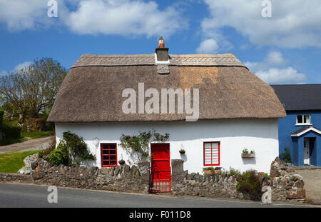 Tradizionale cottage con tetto in paglia in Annstown, la costa di rame Geopark, nella contea di Waterford, Irlanda Foto Stock