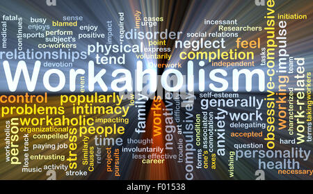 Concetto di sfondo wordcloud illustrazione di workaholism luce incandescente Foto Stock