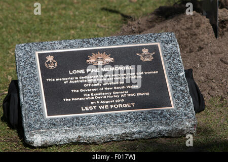 Centenario della battaglia di Lone Pine tra Australia e forze Ottomano durante la Prima Guerra Mondiale è commemorato a Avalon scuola pubblica, Sydney, Australia.Il governatore del New South Wales, il generale David Hurley piantato il Lone Pine e svelato un cerimoniale di placca. Foto Stock