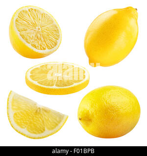 Set di maturi frutti di limone isolati su sfondo bianco. Tracciato di ritaglio Foto Stock