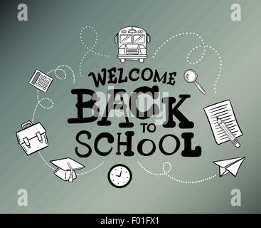Bentornato al messaggio di scuola circondato da vettore icone contro uno sfondo grigio Illustrazione Vettoriale