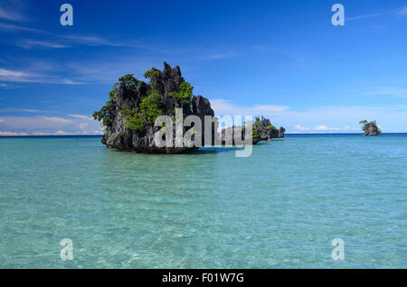 Roccia carsica isola rocce che sono state scolpite dal mare e dalla pioggia in punti affilati, regione Misool Raja Ampat, Indonesia Foto Stock