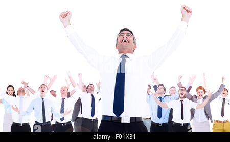 Immagine composita di imprenditore entusiasta con gli occhiali il tifo Foto Stock