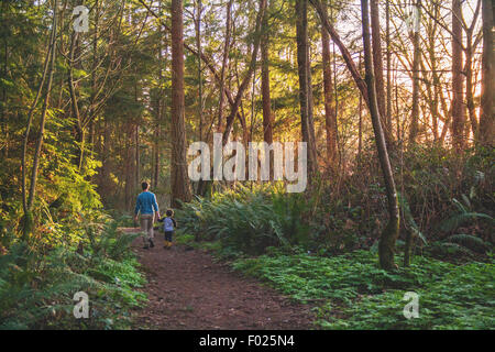 Padre e figlio a piedi nei boschi Foto Stock