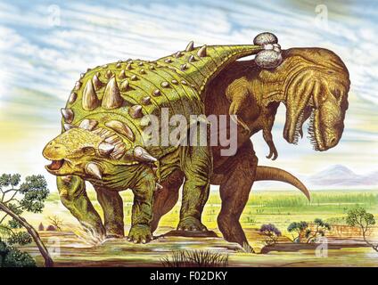 Zoopaleontologia - del periodo Cretaceo - i dinosauri - Euoplocephalus (sulla sinistra) e il tirannosauro - opera d'arte da Neil Lloyd Foto Stock