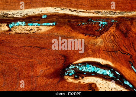 Burled redwood e inset blu sfondo turchese. Foto Stock