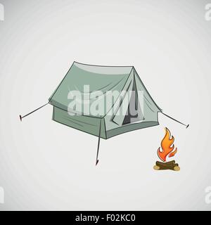 Magazzino tenda e un falò su sfondo chiaro Illustrazione Vettoriale
