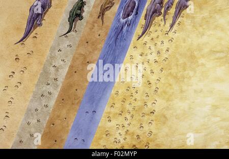 Zoopaleontologia - i dinosauri - tracce di dinosauri - opera d'arte da Tim Hayward Foto Stock