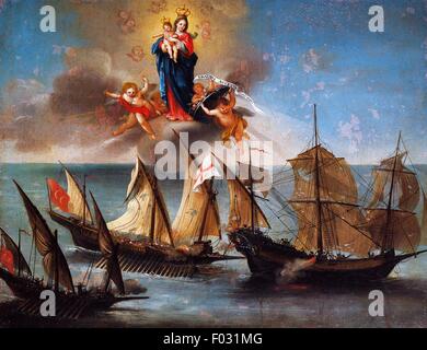 Polacco-masted Genovese navi rosa seguita da due Barberia xebecs, la marineria ex voto, Italia, XVIII secolo, olio su tela, artista sconosciuto, 1796. Foto Stock