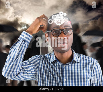 Immagine composita del giovane imprenditore pensando di graffiare la testa Foto Stock