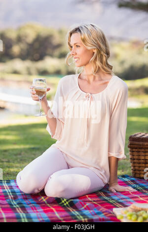 Sorridente donna bionda seduta sulla coperta picnic Foto Stock