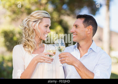Coppia sorridente tostatura e guardando ogni altro Foto Stock