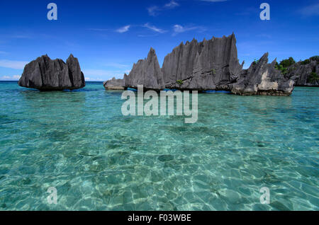 Roccia carsica isola rocce che sono state scolpite dal mare e dalla pioggia in punti affilati, regione Misool Raja Ampat, Indonesia Foto Stock