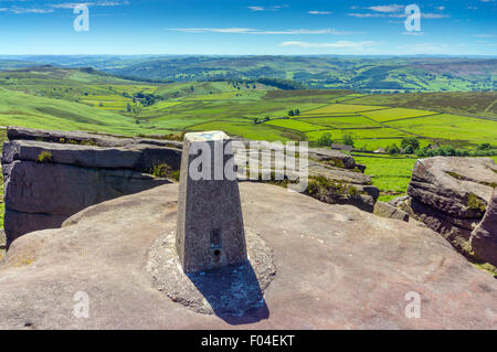 Trig,punto di triangolazione, sopra il bordo Stanage, Parco Nazionale di Peak District, Derbyshire, Inghilterra, Regno Unito. Cielo blu Foto Stock