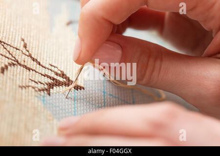 La donna le mani facendo il punto croce. Una chiusura del ricamo. Foto Stock