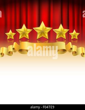 Sipario rosso con stelle dorate e di un nastro in background con spazio bianco Illustrazione Vettoriale