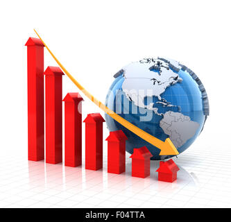 Immobiliare grafico di caduta con globo, 3D render Foto Stock