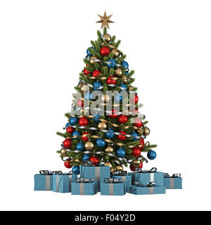 Albero di natale con addobbi colorati e blu presente isolato su bianco - 3D Rendering Foto Stock