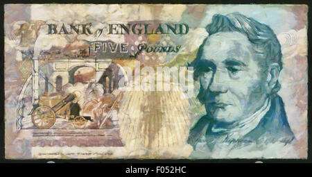 Le illustrazioni banconota,moneta, cinque libbra, INGHILTERRA,1990,George Stephenson Foto Stock