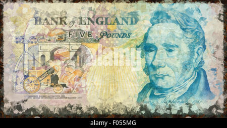 Le illustrazioni banconota,moneta, cinque libbra, INGHILTERRA,1990,George Stephenson Foto Stock