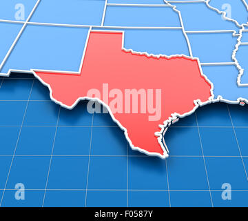 3D rendering della mappa USA con Texas state evidenziate Foto Stock