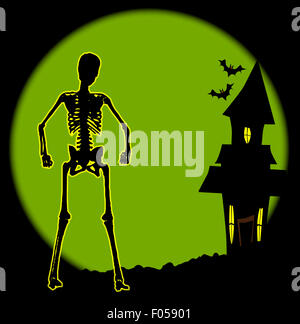 Un Haunted House e lo scheletro su una grande luna di Halloween Foto Stock