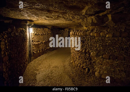 Tunnel di teschi nelle catacombe, Parigi, Francia Foto Stock