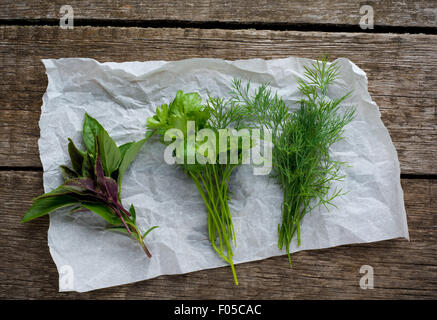 Erbe aromatiche fresche. Aneto, il basilico e il prezzemolo su sfondo rustico Foto Stock