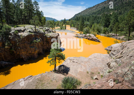 Durango, Colorado, Stati Uniti d'America. Il 6 agosto, 2015. Scolorito acqua nel fiume Animas a Bakers ponte vicino a Durango Colorado da una miniera contaminato rompere fiume. Credit: Whit Richardson/Alamy Live News Foto Stock