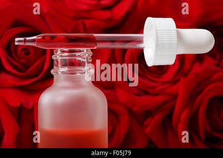 Dropper e olio essenziale di rose rosse Foto Stock