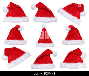 Set di Santa Claus cappelli sul Natale in inverno isolato su uno sfondo bianco Foto Stock