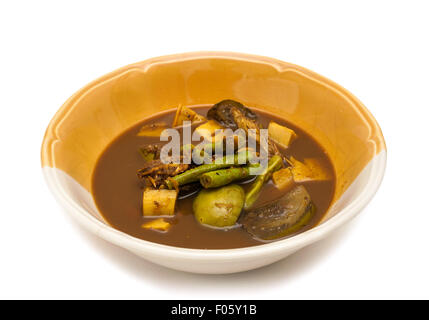 Il curry piccante e verdure grigliate di pesce su sfondo bianco, durante la stagione delle piogge il cibo Foto Stock