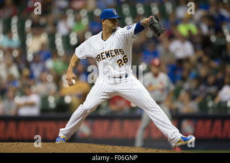 Milwaukee, WI, Stati Uniti d'America. 07 Ago, 2015. Milwaukee Brewers lanciatore Kyle Lohse #26 eroga un passo nella Major League Baseball gioco tra il Milwaukee Brewers e St. Louis Cardinals a Miller Park di Milwaukee, WI. John Fisher/CSM/Alamy Live News Foto Stock