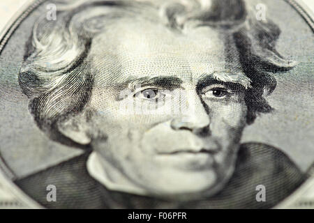 Presidente Andrew Jackson occhi macro estreme su di noi 20 dollaro, Stati Uniti denaro closeup Foto Stock