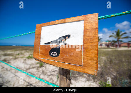 Cartello in legno a protezione di una zona chiusa durante il nesting vicino alla costa di Isabela island al fine di preservare la popolazione di iguana Foto Stock