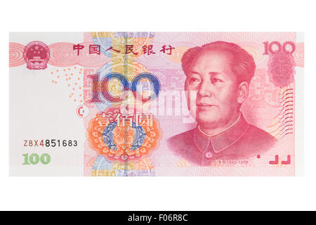 Un centinaio di Yuan banconota su sfondo bianco Foto Stock