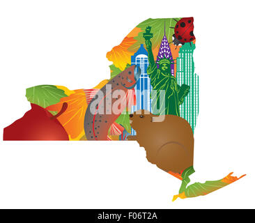 Stato di New York simboli ufficiali con la Statua della Libertà Beaver Brook Trout Ladybug Big Apple lo zucchero foglie di acero in mappa contorno Foto Stock