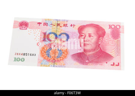 Un centinaio di Yuan banconota su sfondo bianco Foto Stock