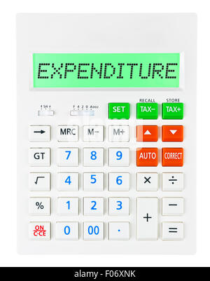 Calcolatrice con spese per visualizzare isolati su sfondo bianco Foto Stock