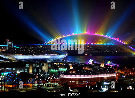 Pechino, Cina. 27 apr 2010. Foto realizzata il 27 aprile 2010 illustra la vista notturna del Ponte Lupu e Expo a Shanghai in Cina orientale. © Wang Song/Xinhua/Alamy Live News Foto Stock