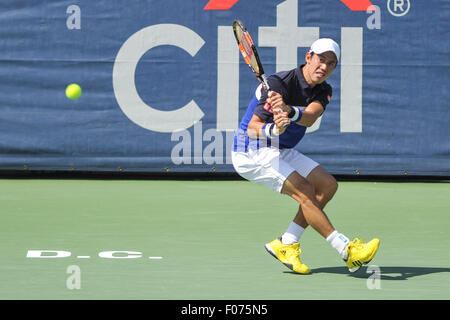 Washington D.C, STATI UNITI D'AMERICA. 8 Ago, 2015. KEI NISHIKORI del Giappone gioca contro Marin CILIC della Croazia al giorno 6 del Citi aperto al Rock Creek Tennis Center di Washington, DC Nishikori ha vinto in 3 set. © Kyle Gustafson/ZUMA filo/Alamy Live News Foto Stock