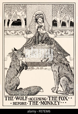 "Il lupo accusando il Fox prima di scimmia' favola di Esopo (circa 600BC). Un Ape sat come giudice tra una volpe, accusato di furto e Wolf, l'accusatore. Dopo la prova, l'Ape giudicato il lupo ha perso nulla ma la Fox ha rubato. Morale: il disonesto, se essi agiscono onestamente, non ottieni credito. Illustrazione di Percy J. Billinghurst. Vedere la descrizione per maggiori informazioni. Foto Stock