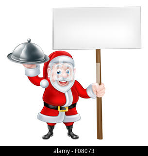 Cartoon Santa Claus tenendo un piatto di cibo o piatto d'argento cloche e un segno bordo banner Foto Stock