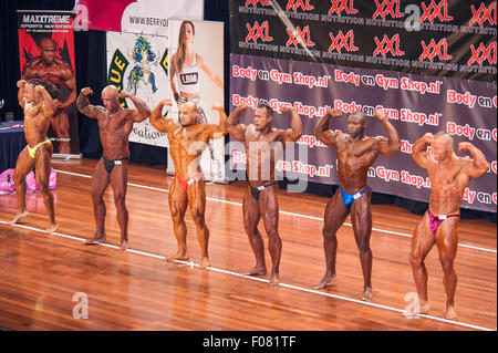 SCHIEDAM, Paesi Bassi - 26 aprile 2015. I bodybuilder maschio che mostra i loro migliori doppio bicipite pongono in un lineup di confronto Foto Stock
