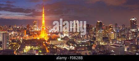 Panorama della skyline di Tokyo in Giappone con la Tokyo Tower fotografata al crepuscolo. Foto Stock