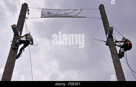 Jihlava, Repubblica Ceca. 09Aug, 2015. Topping ad albero - una parte del Eurojack European Cup in Jihlava, Moravia del sud, il 9 agosto 2015. Jihlava ha ospitato il terzo, gara finale di questo anno la stagione, preceduto da eventi in Austria e Germania. La gara si è svolta in Jihlava per la quarta volta, ma la finale per la prima volta. Insieme con i Cechi, ci sono stati dei boscaioli provenienti da Austria, Germania, Svizzera, Svezia e Francia. Credito: Lubos Pavlicek/CTK foto/Alamy Live News Foto Stock