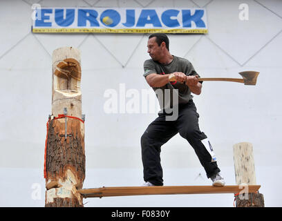 Jihlava, Repubblica Ceca. 09Aug, 2015. Svizzera di Matthias Heidenreich compete in trampolino di lancio durante la Eurojack European Cup in Jihlava, Moravia del sud, il 9 agosto 2015. Jihlava ha ospitato il terzo, gara finale di questo anno la stagione, preceduto da eventi in Austria e Germania. La gara si è svolta in Jihlava per la quarta volta, ma la finale per la prima volta. Insieme con i Cechi, ci sono stati dei boscaioli provenienti da Austria, Germania, Svizzera, Svezia e Francia. Credito: Lubos Pavlicek/CTK foto/Alamy Live News Foto Stock