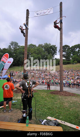 Jihlava, Repubblica Ceca. 09Aug, 2015. Topping ad albero - una parte del Eurojack European Cup in Jihlava, Moravia del sud, il 9 agosto 2015. Jihlava ha ospitato il terzo, gara finale di questo anno la stagione, preceduto da eventi in Austria e Germania. La gara si è svolta in Jihlava per la quarta volta, ma la finale per la prima volta. Insieme con i Cechi, ci sono stati dei boscaioli provenienti da Austria, Germania, Svizzera, Svezia e Francia. Credito: Lubos Pavlicek/CTK foto/Alamy Live News Foto Stock