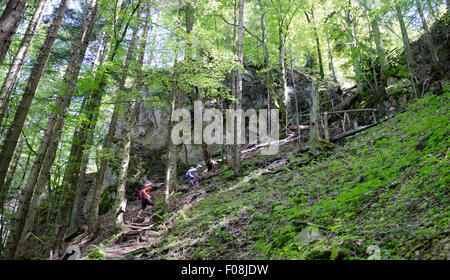 Due maschi gli escursionisti a piedi lungo un sentiero di montagna nel Tirolo austriaco Foto Stock