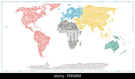 Mappa del mondo fatto di continente nome in caratteri da macchina per scrivere su sfondo bianco Foto Stock